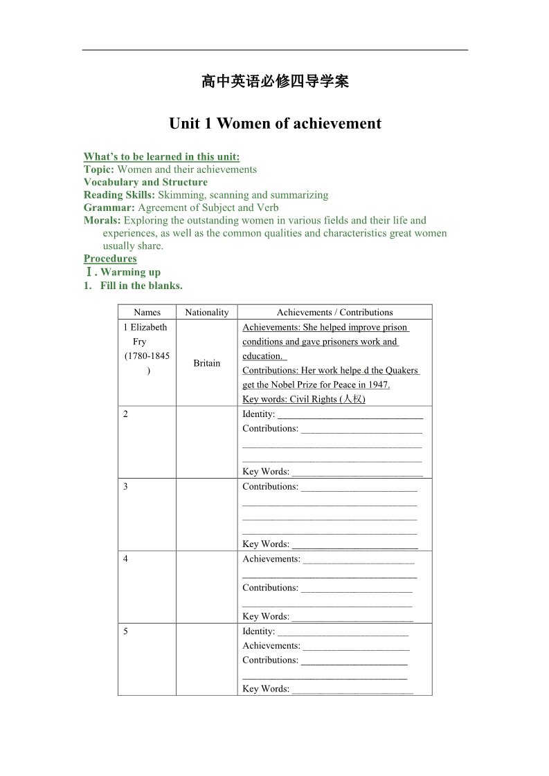 高中英语必修四（人教版）高中英语（新人教版 必修四）导学案：Unit1 Women of achievement（6页）第1页