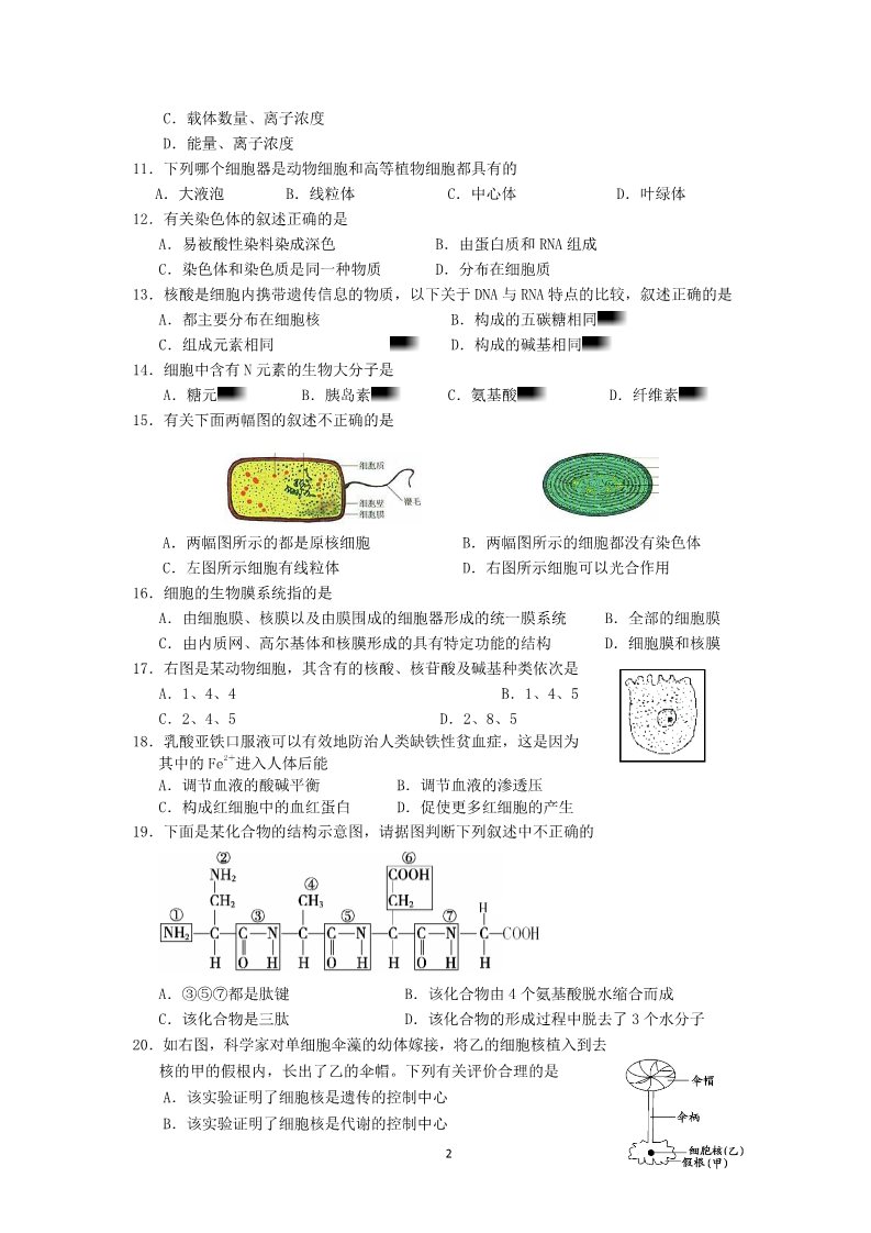 高中生物必修一广东省实验中学11-12学年高一生物上学期期末试题第2页