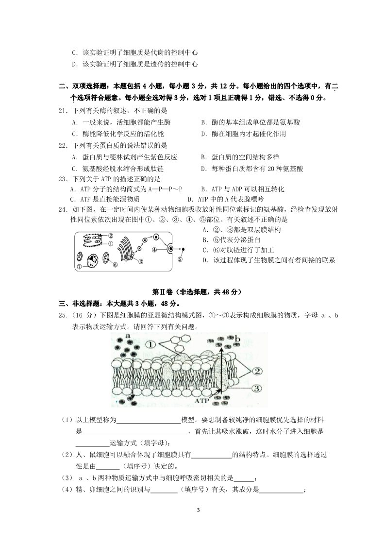 高中生物必修一广东省实验中学11-12学年高一生物上学期期末试题第3页