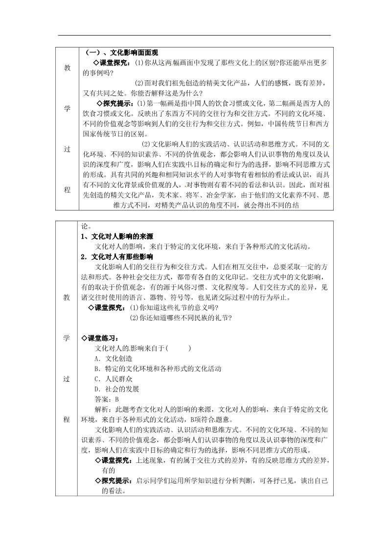 高中政治必修三第二课 文化对人的影响 感受文化影响教案4 新人教版必修3第2页