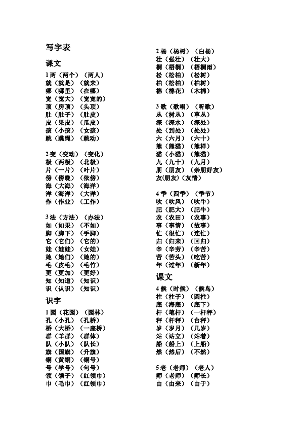 二年级上册语文语文生字组词资料第1页