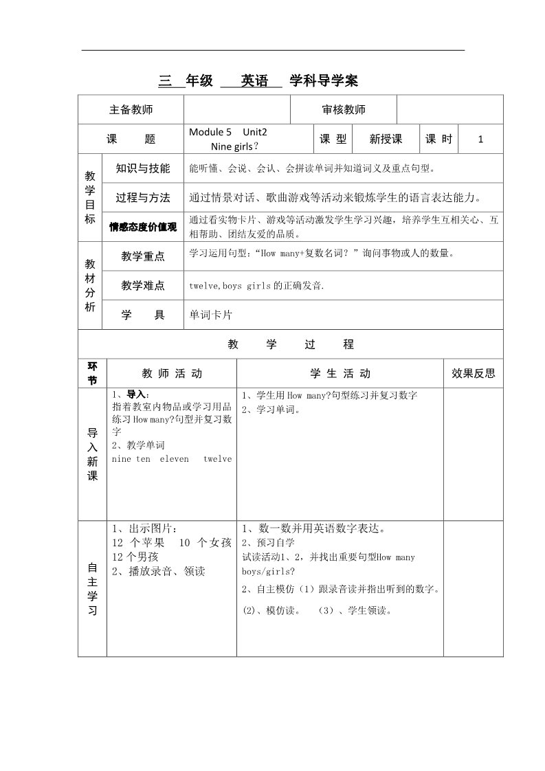 三年级上册英语（外研三起点）三年级上英语导学案-Module 5 Unit 2 Nine girls-外研社（三起）第1页