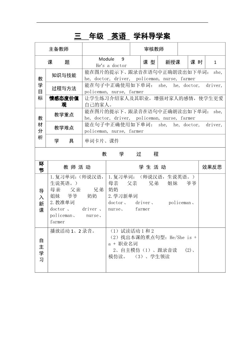 三年级上册英语（外研三起点）三年级上英语导学案-Module 9 Unit 2 He’s a doctor-外研社（三起）第1页