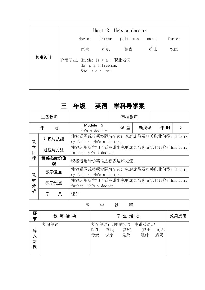 三年级上册英语（外研三起点）三年级上英语导学案-Module 9 Unit 2 He’s a doctor-外研社（三起）第3页