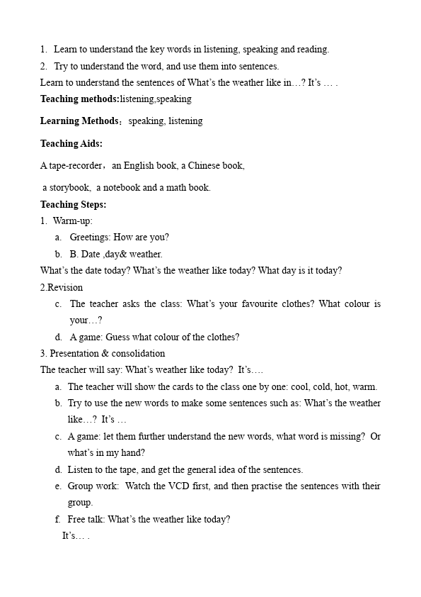 四年级下册英语(PEP版)PEP英语《Unit3 Weather》教案教学设计21第2页