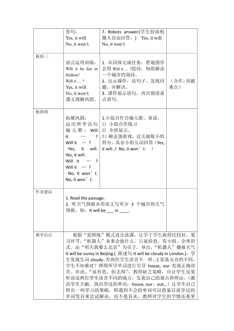 四年级下册英语（外研版三起点）优质课Module4 Unit2 Will it be hot in Haikou教学设计第2页