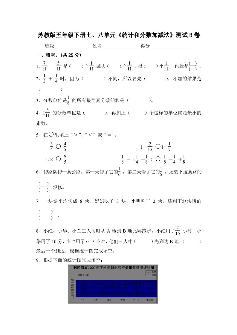 五年级下册数学（苏教版）数学分数加法和减法测试卷第1页