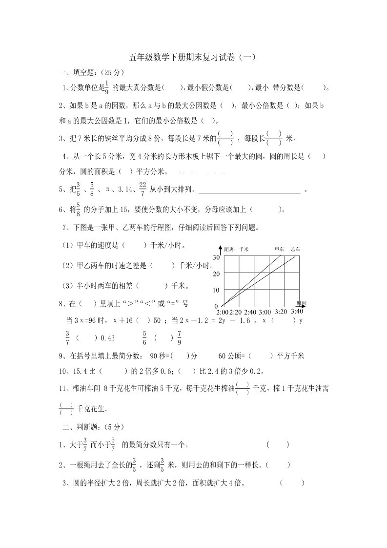 五年级下册数学（苏教版）数学期末考试练习综合试卷第1页
