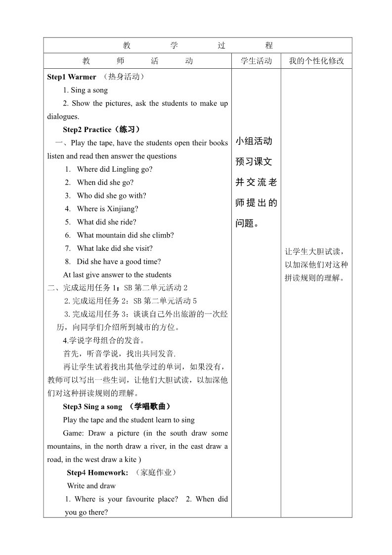 五年级下册英语（外研版三起点）原创Module6 Unit2 She visited the Tianchi Lake教学设计第2页