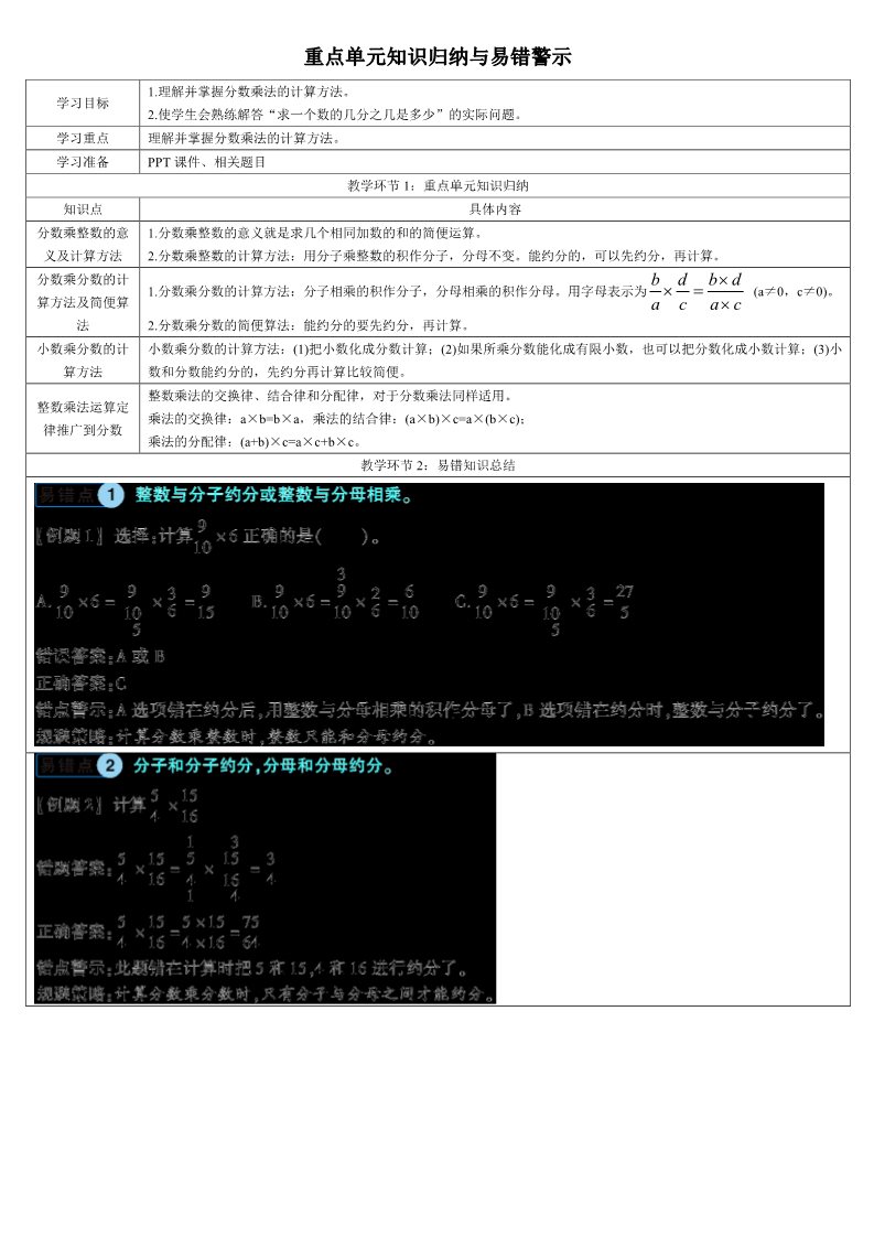 六年级上册数学（人教版）重点单元知识归纳与易错警示(导学案)第1页