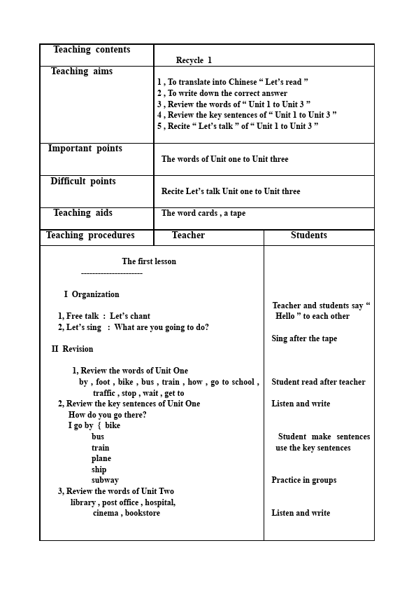 六年级上册英语(PEP版)PEP英语《Recycle 1》教案教学设计2第1页