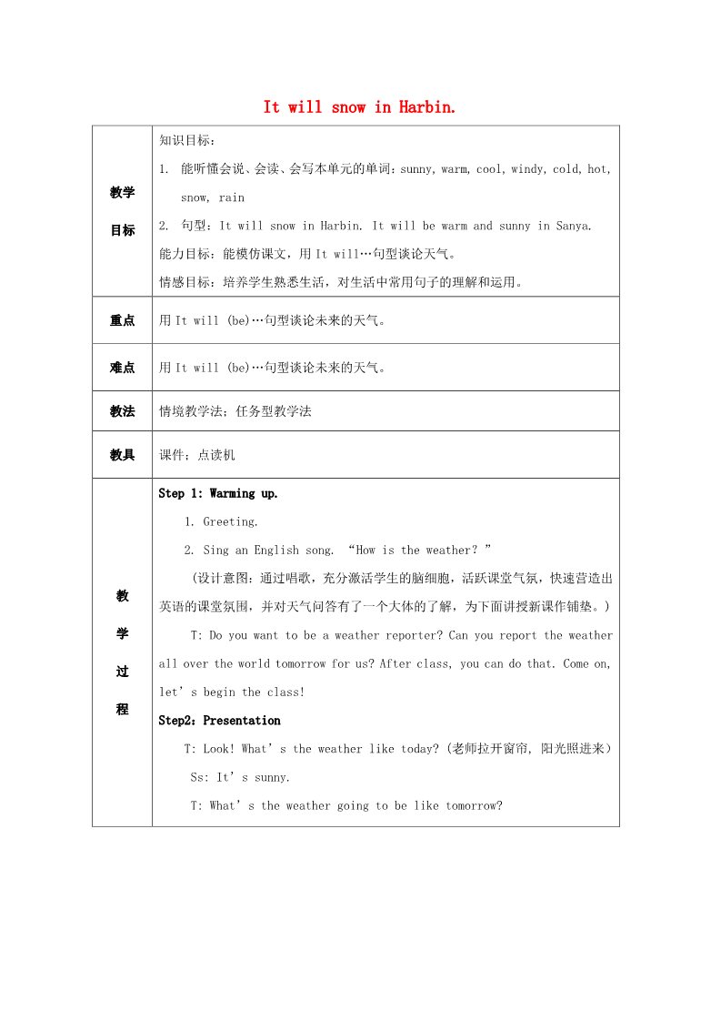 六年级下册英语（外研版三起点）Unit2 It will snow in Harbin教案教学设计第1页