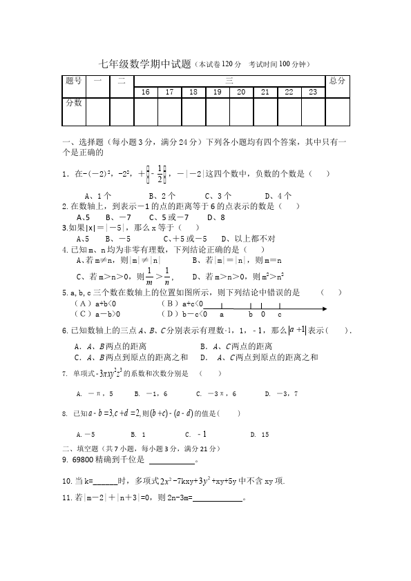 初一上册数学数学《期中考试》练习试卷19第1页