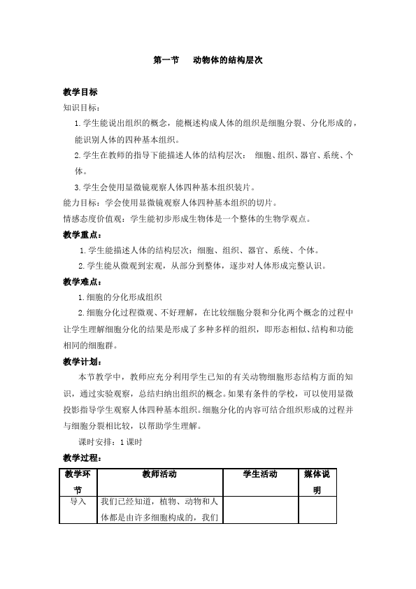 初一上册生物生物《第二单元:生物体的结构层次》教学设计教案第1页