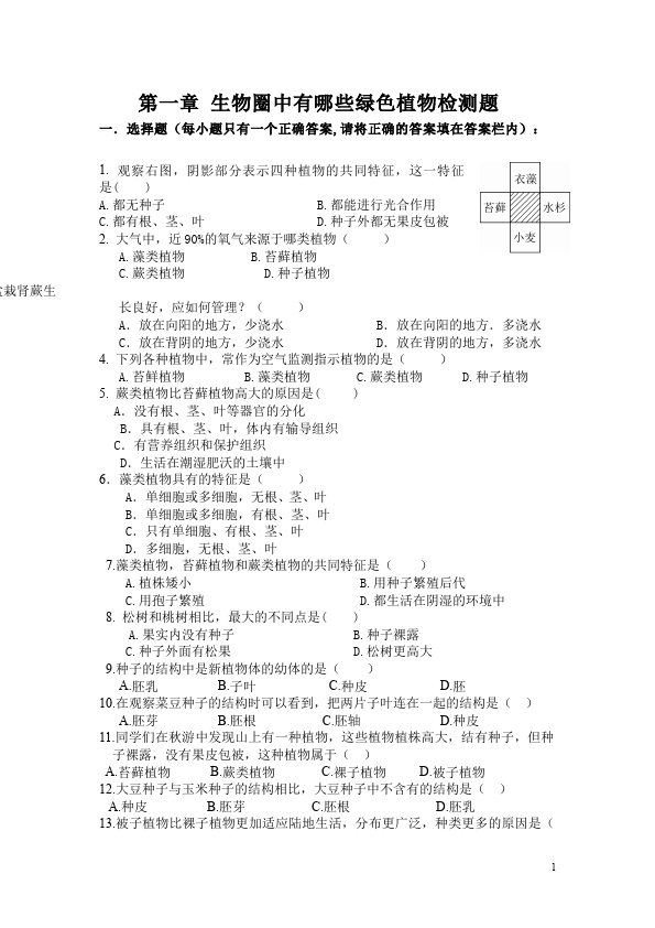 初一上册生物生物《生物圈中的绿色植物附参考答案》测试题目第1页