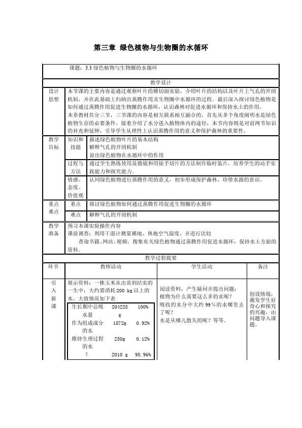 初一上册生物原创《第三章:绿色植物与生物圈的水循环 》教学设计教案第1页