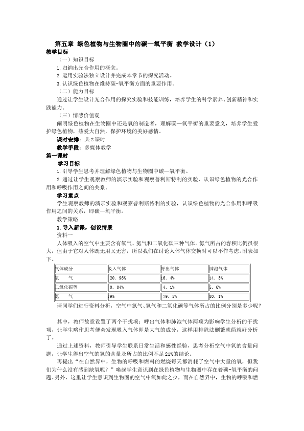 初一上册生物《第五章:绿色植物与生物圈中碳氧平衡》优质课教学设计教案第1页