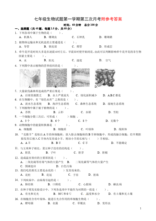 初一上册生物生物《期中考试附参考答案》作业练习试卷下载第1页