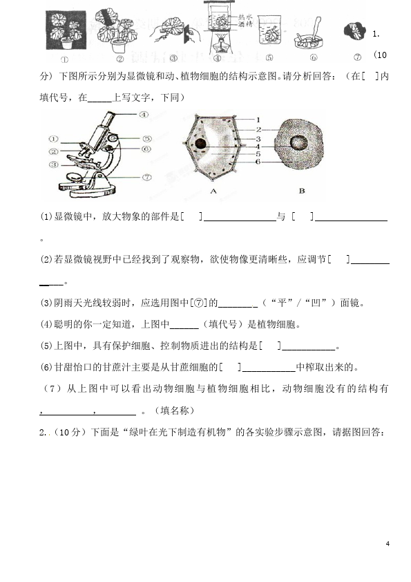 初一上册生物生物《期末复习考试附参考答案》家庭作业练习题第4页