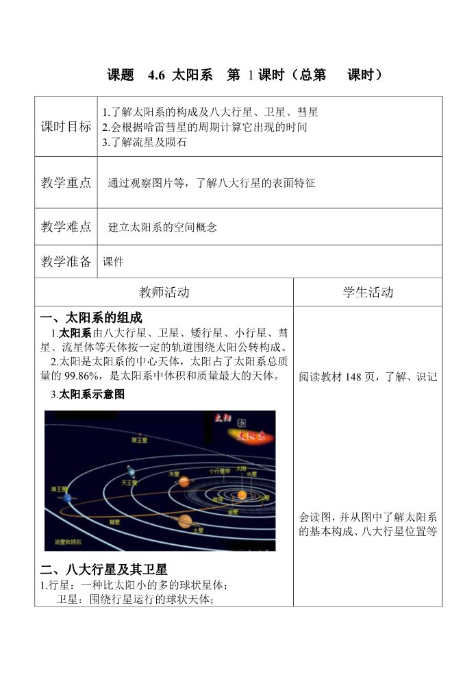 初一下册科学（教科版）新浙教版七年级科学原创4.6太阳系教学设计教案第1页