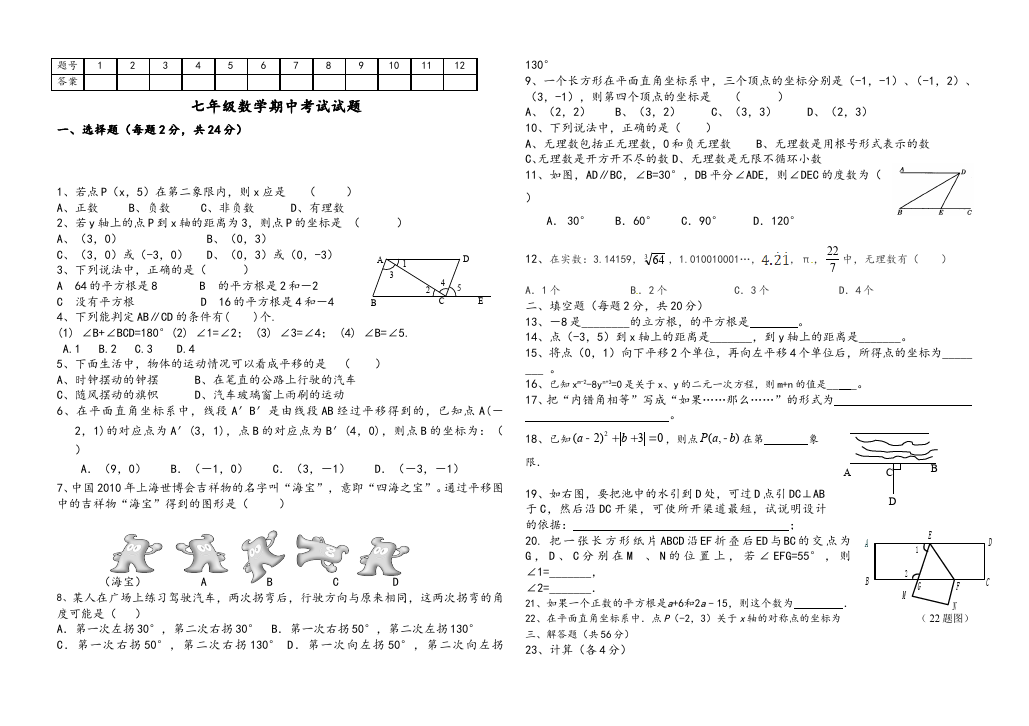 初一下册数学数学《期中考试》练习试卷22第1页