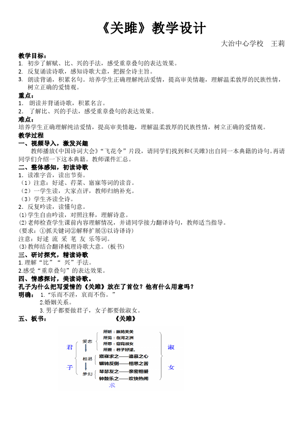 初二下册语文语文精品《诗经二首:关睢》教案教学设计第1页