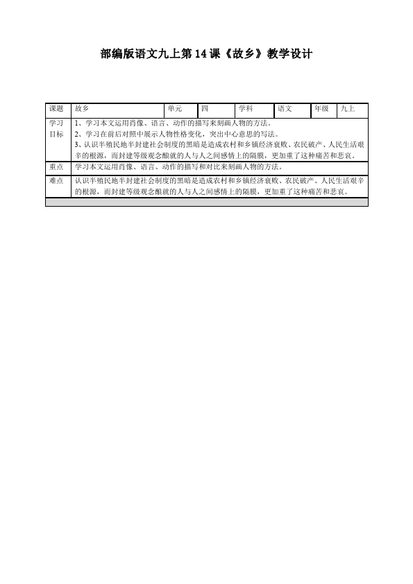 初三上册语文新语文优质课《第14课:故乡》教学设计第1页