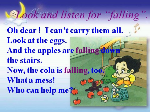 六年级下册英语（外研版三起点）教研课The apples are falling down the stairs课件ppt第6页
