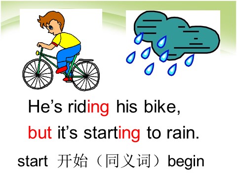 六年级下册英语（外研版三起点）He's riding his bike,but it starts to rain课件ppt第6页