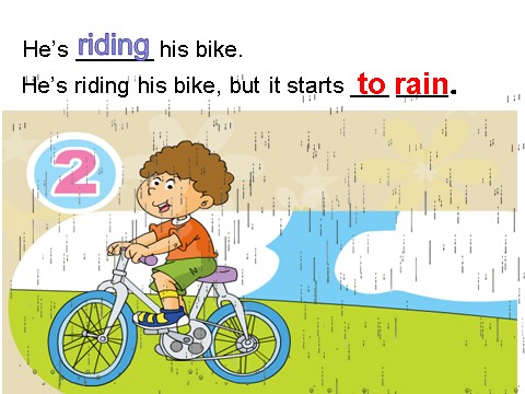 六年级下册英语（外研版三起点）英语He's riding his bike,but it starts to rainppt课件第7页