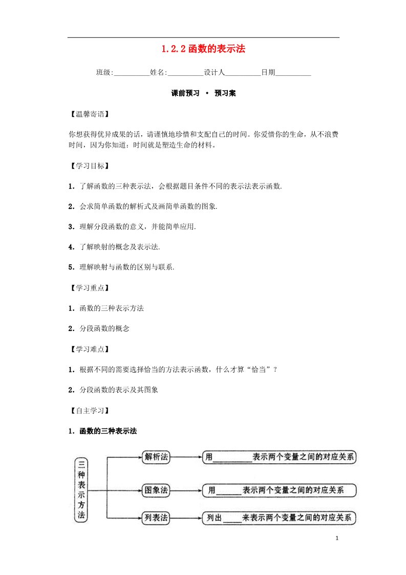 高中数学必修一高中数学 1.2.2 函数的表示法导学案 新人教A版必修1第1页