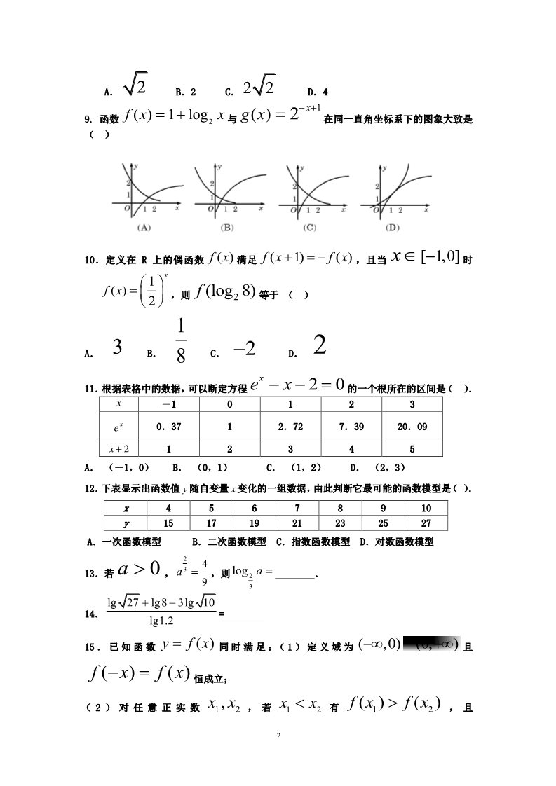 高中数学必修一1综合测试题（1）第2页