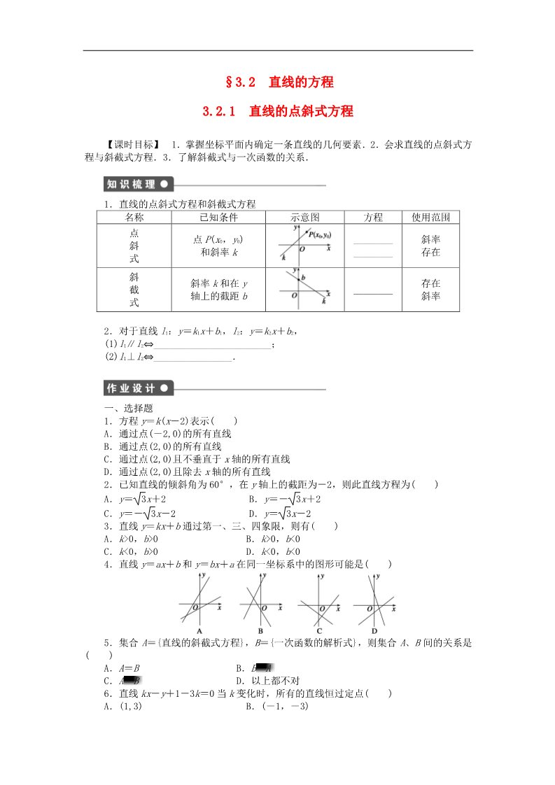 高中数学 必修二3.2.1直线的点斜式方程课时作业 新人教A版必修2第1页