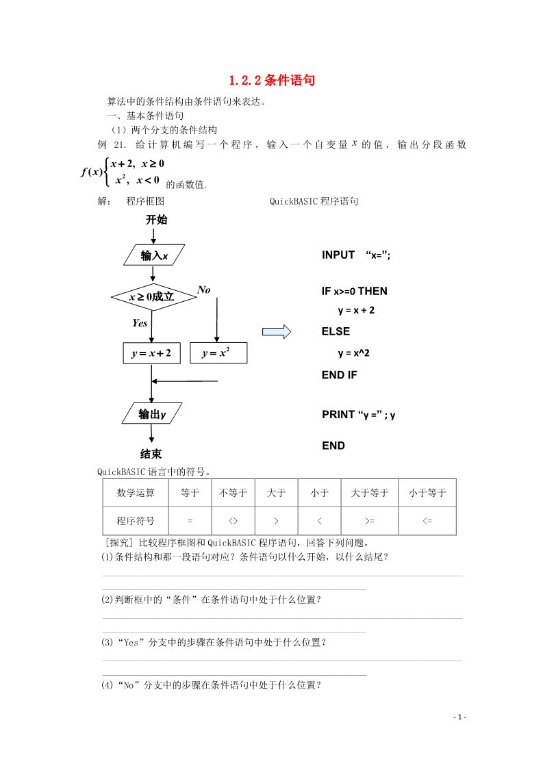 高中数学必修三 1.2.2 条件语句文字素材 新人教A版必修3第1页