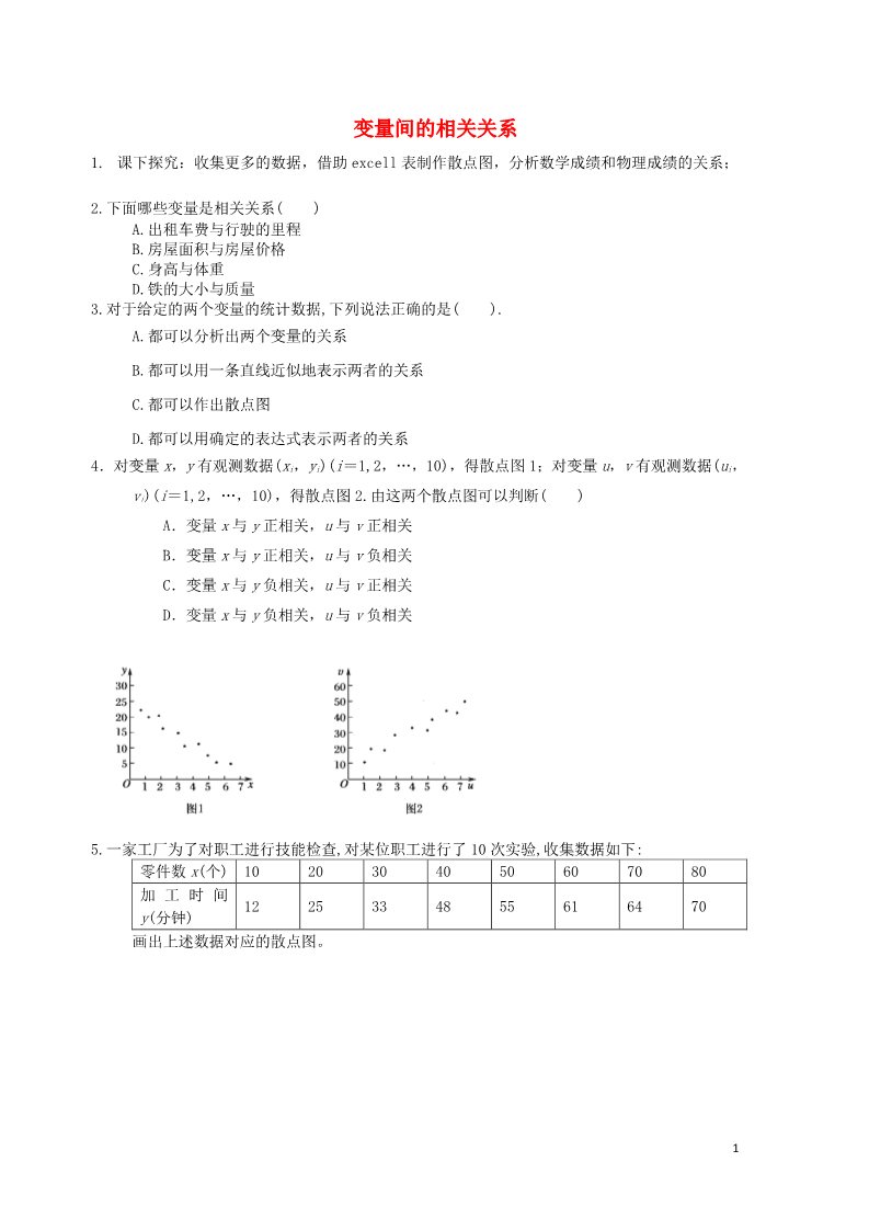 高中数学必修三 2.3.1 变量之间的相关关系习题 新人教A版必修3第1页