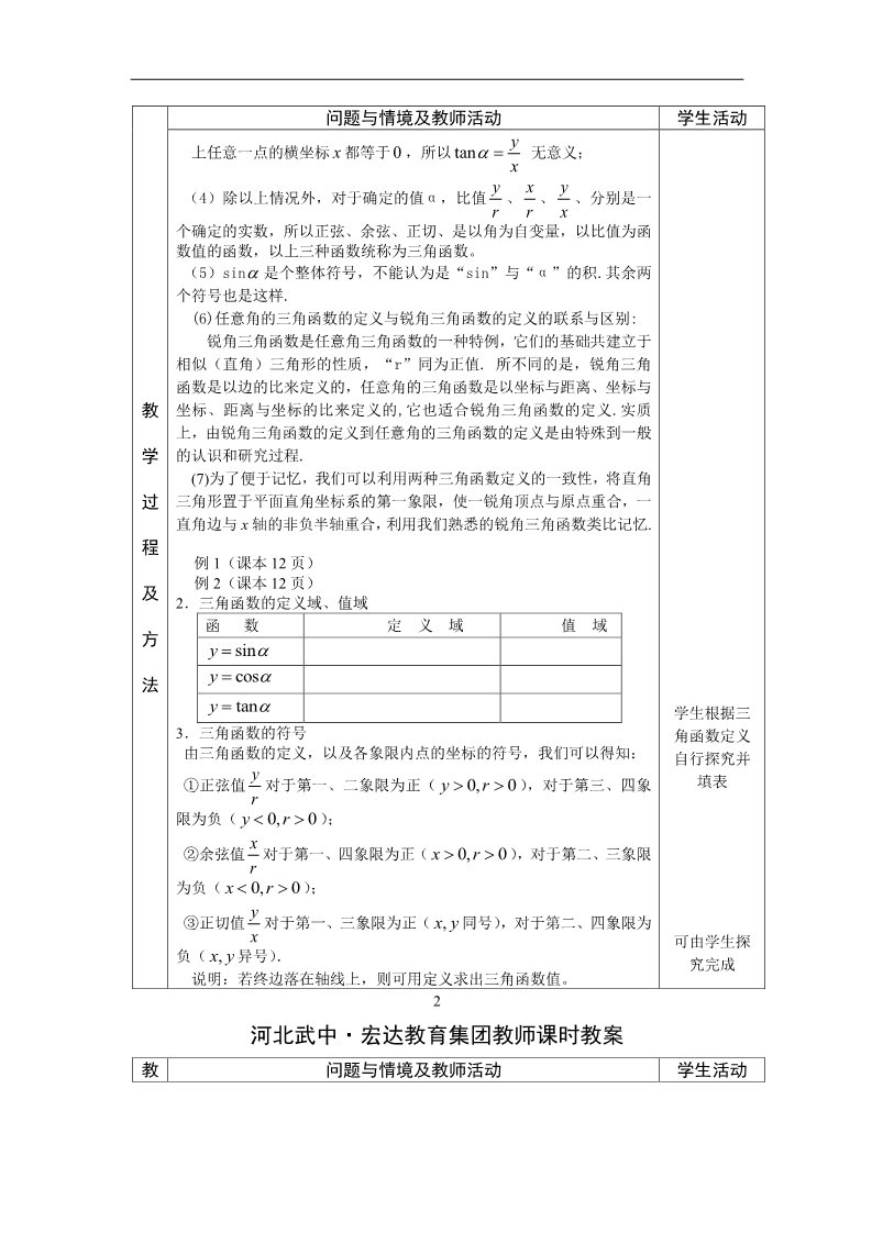 高中数学必修四1.2.1任意角的三角函数（1）教案第2页