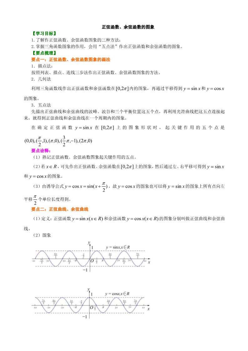 高中数学必修四知识讲解_正弦函数、余弦函数的图象_基础第1页