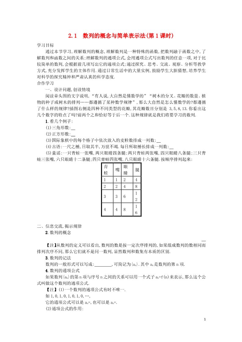 高中数学必修五2.1 数列的概念与简单表示法（第1课时）学案 新人教A版必修5第1页