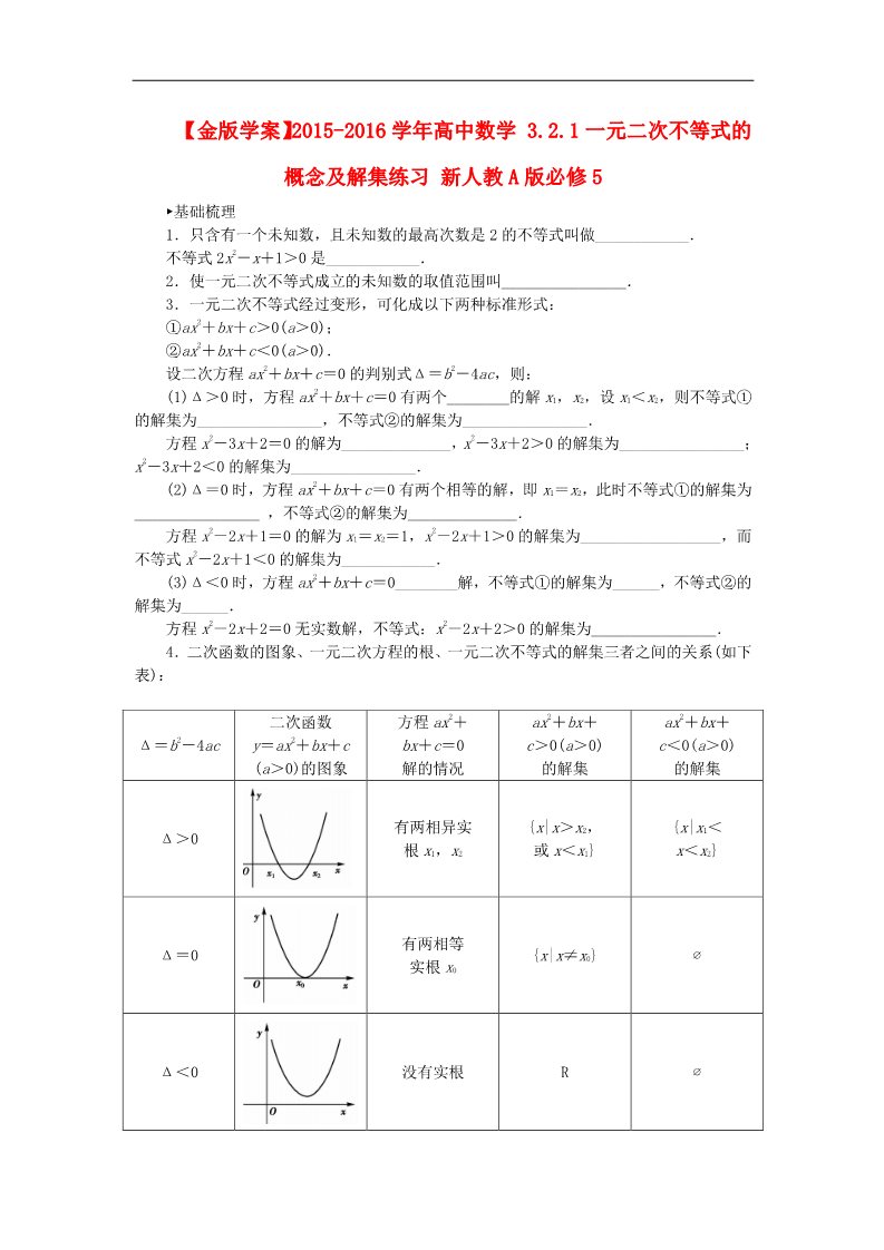 高中数学必修五3.2.1一元二次不等式的概念及解集练习 新人教A版必修5第1页