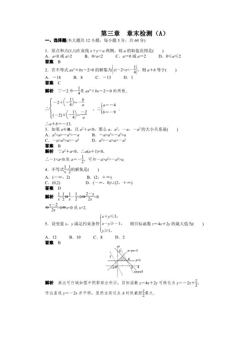 高中数学必修五第三章 不等式 章末检测（A） Word版含解析第1页