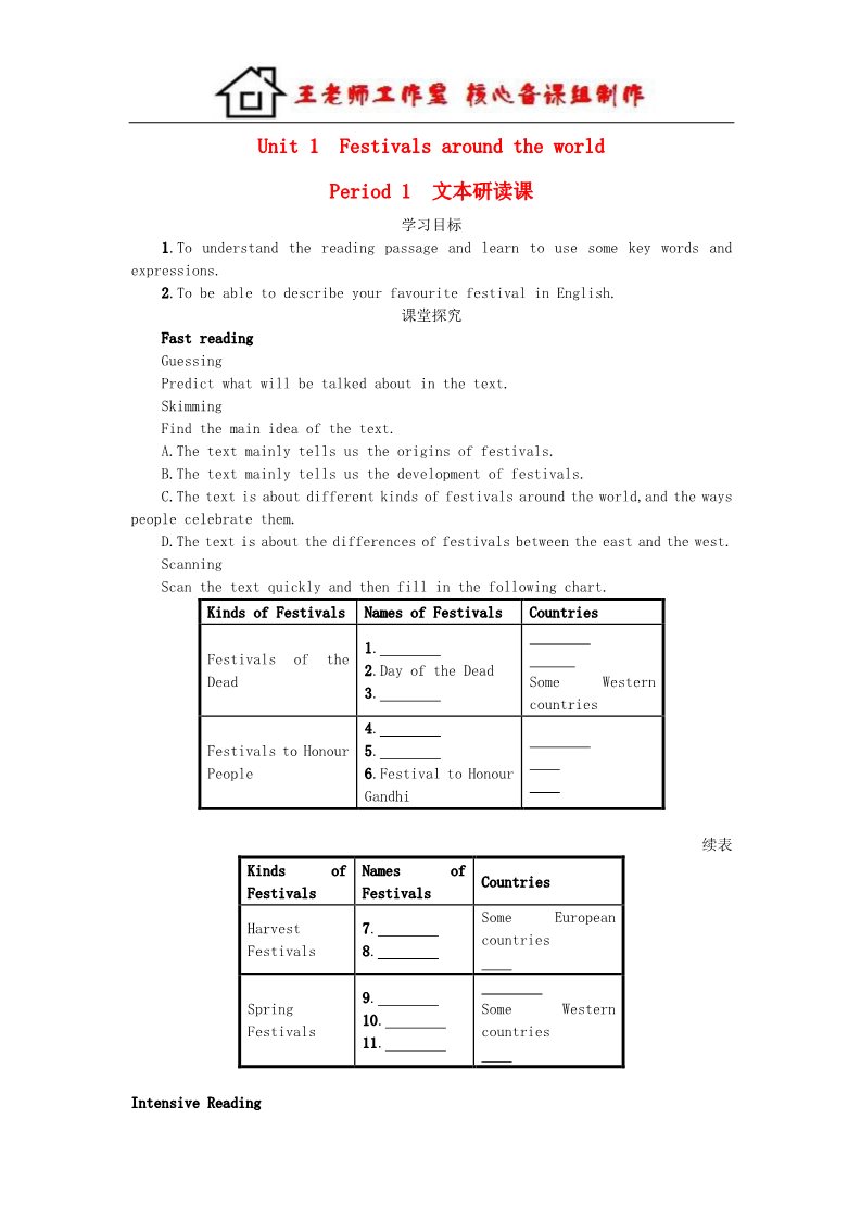 高中英语必修三（人教版）高中英语 Unit 1 Festivals around the world Period 1学案 新人教版必修3第1页