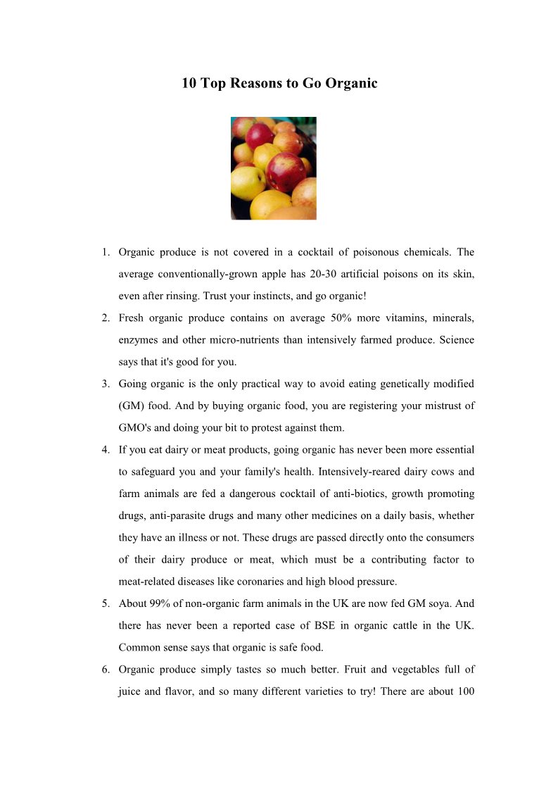 高中英语必修四（人教版）10 Top Reasons to Go Organic第1页