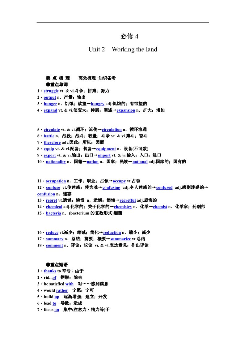 高中英语必修四（人教版）2016年高考英语（人教版）要点梳理+重点突破：必修4 Unit 2　Working the land第1页