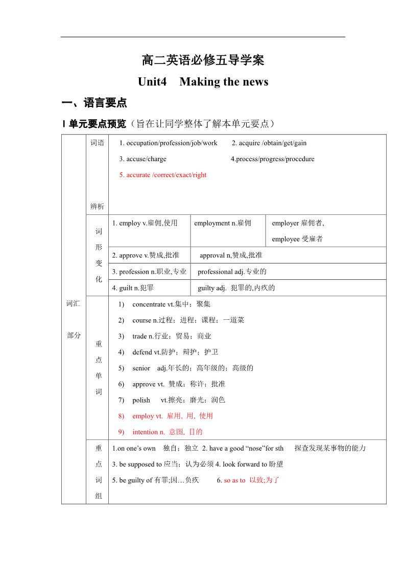 高中英语必修五（人教版）高中英语（新人教版 必修五）导学案：Unit4 Making the news（35页）第1页