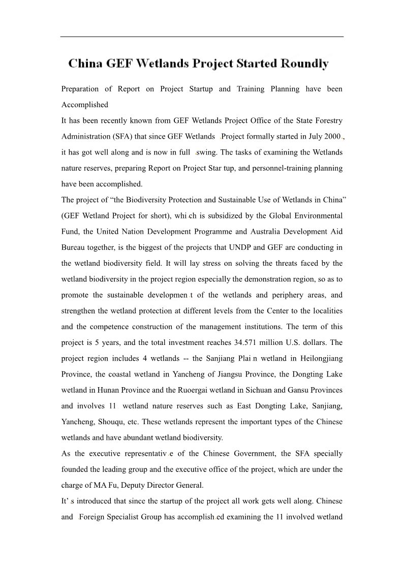 高中英语必修五（人教版）高中英语人教必修5素材：China GEF Wetlands Project Started Roundly第1页