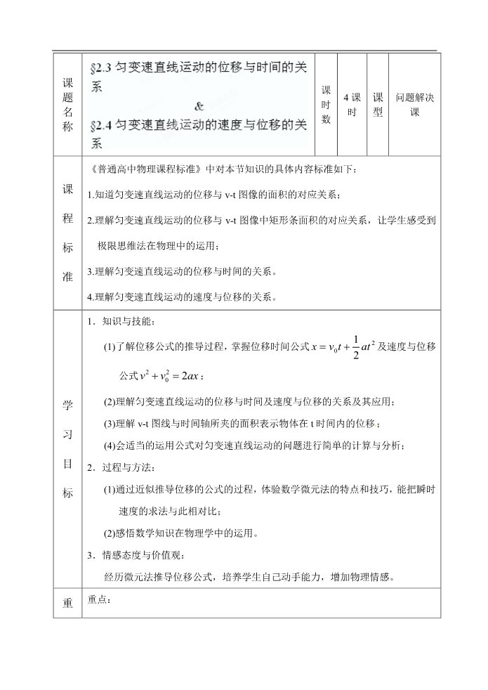 高中物理必修一高一物理《2.3-2.4 匀变速直线运动的位移关系》教案（必修一）第1页