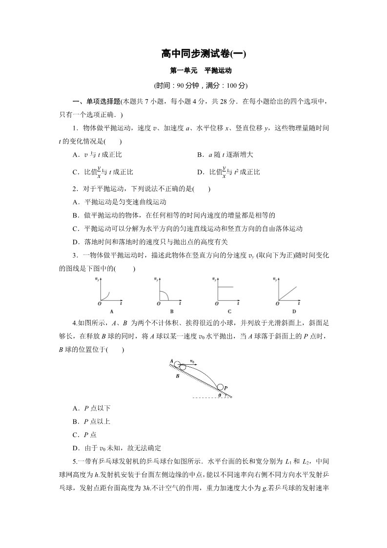 高中物理必修二高中同步测试卷·人教物理必修2：高中同步测试卷（一） Word版含解析第1页