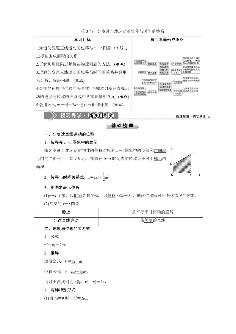 高中物理新版必修一册3 第3节　匀变速直线运动的位移与时间的关系第1页