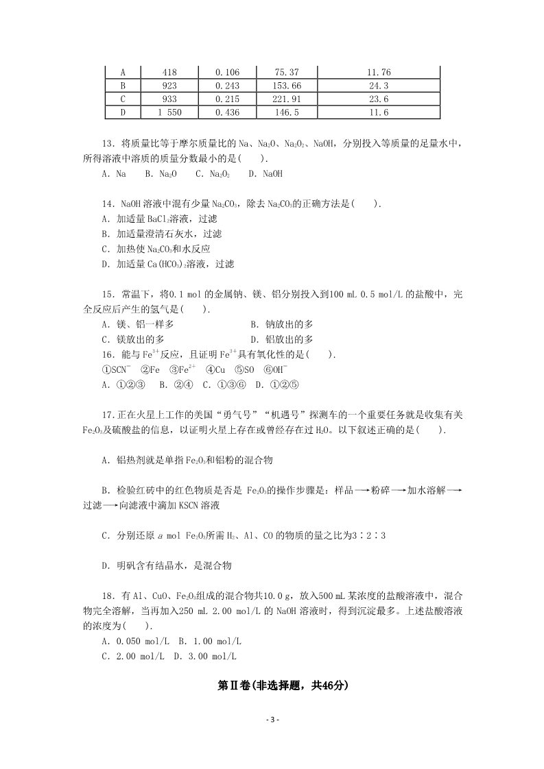 高中化学 必修一化学：人教版必修一 综合质量检测（3）金属及其化合物第3页