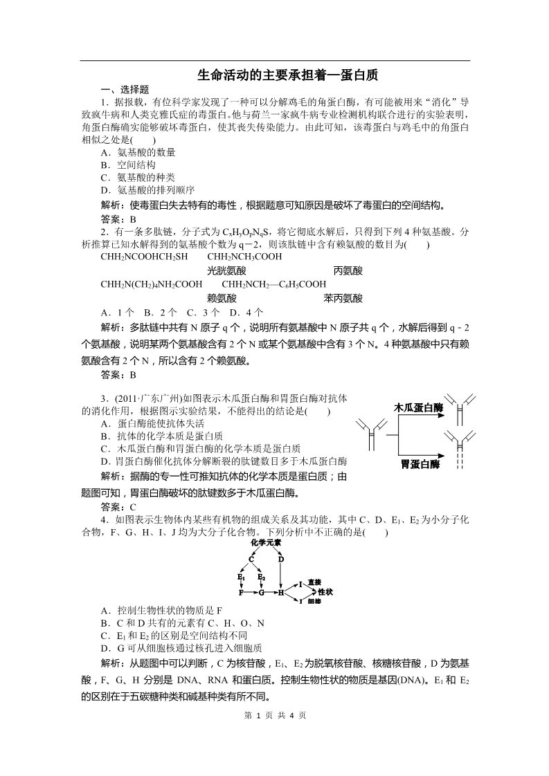 高中生物必修一必修一课时训练（第二章 第2讲 生命活动的主要承担者—蛋白质）第1页